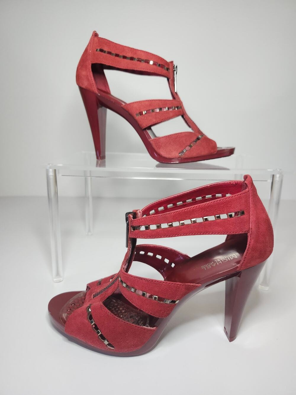 Michael Kors Women's Caged Stiletto Heels Crimson Red Sz 7.5 Suede Zip